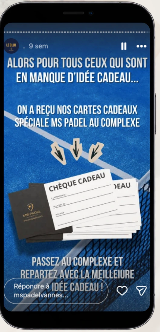 Exemple de story pour les cartes cadeaux MS Padel